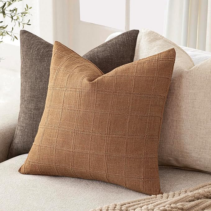 Foindtower Set of 2 Decorative Linen Check Throw Pillow Covers Neutral Farmhouse Vintage Cushion Covers Modern Boho Home Decor for Sofa Chair Couch Bedroom Living Room Outdoor,16×16 Inch,Brick