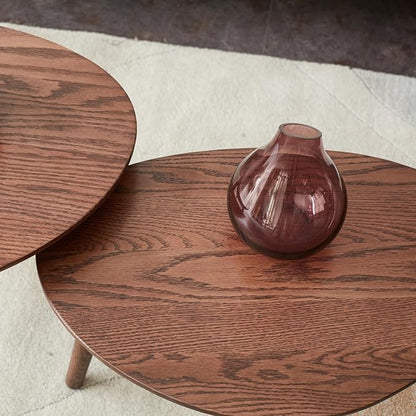 Small Oval Nesting Table, Mid Century Coffee Tables for Living Room,Solid Oak Wood Side Table,Triangle Tabletop with 3 Legs,Minimalist Display End Tables (Walnut Color, 3 Pieces)