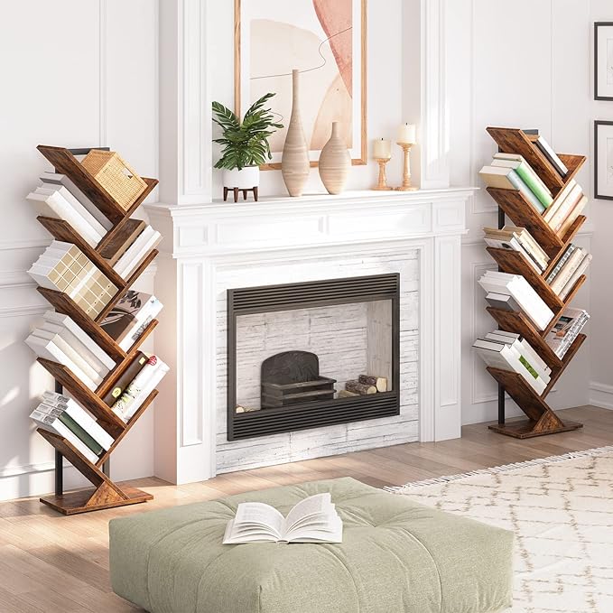 HOOBRO Tree Bookshelf, 9-Tier Bookcase Wooden Shelves, Floor Standing Storage Rack, for Display of CDs, Books in Living Room, Home Office, Wood Storage Rack for Bedroom, Rustic Brown BF08SJ01G1