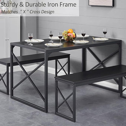 VECELO Kitchen Dining Table Set for 4 to 6, 55" Wood Dinette 2 Benches with Metal Frame for Dinner Breakfast Nook and Small Space, Black