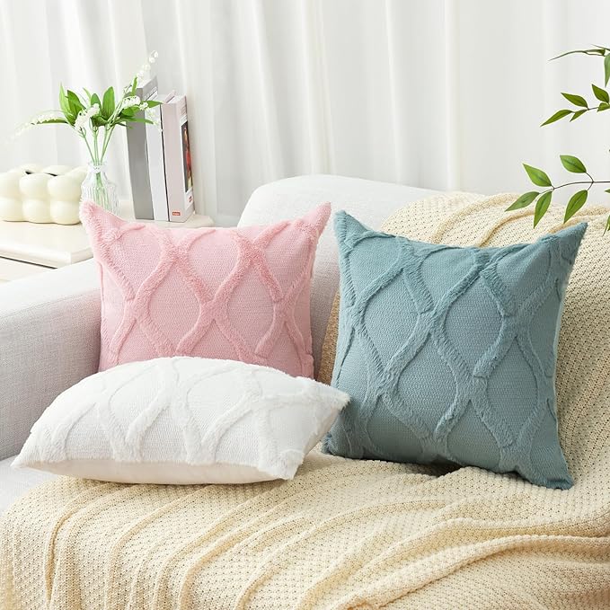 decorUhome Throw Pillow Covers 26x26 Inch Set of 2, Soft Plush Faux Fur Wool Aqua Couch Pillow Covers, Decorative Neutral Pillow Cases for Bed Sofa Living Room Home Decor