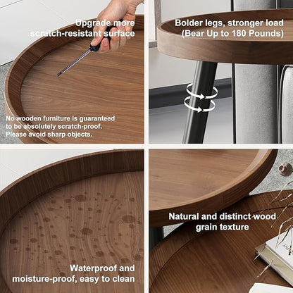 Small Round Coffee Table Set of 2, Walnut Coffee Tables for Living Room, Mid Century Modern Nesting Coffee Table, Wood Circle Center Tables, Black Wooden Side End Table, mesa de Centro para sala