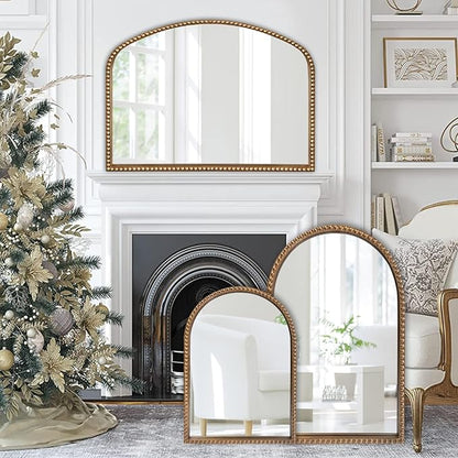 ironsmithn Gold Arched Mirror, 28"x36" Antique Mirrors with Beaded Frame, Classic Vintage Decorative Mirror, Marlowe Accent Mirrors for Mantel Fireplace Bedroom Bathroom Living Room Entryway