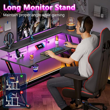 55 Inch Gaming Desk with Power Outlet & LED Lights, L Shaped Gamer Computer Table with Storage Shelves for Bedroom, Corner Home Office Desk, Carbon Fiber Black