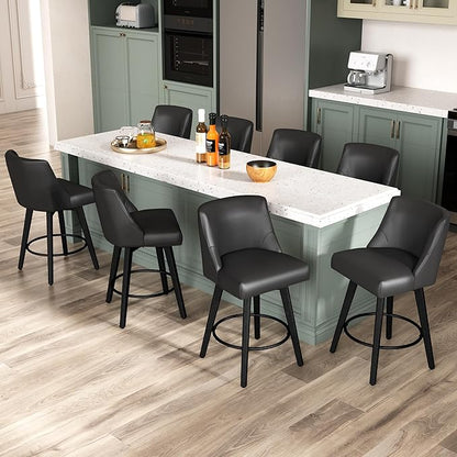 Counter Height Bar Stools Set of 8, Modern Swivel Barstools with Back and Wood Legs, Faux Leather Upholstered Bar Chairs, 26" H Kitchen Counter Stools, Kitchen Island Home Bar, Black Grey
