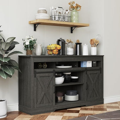 RoyalCraft Farmhouse TV Stand for 65+ Inch TV, 34'' Tall Entertainment Center with Sliding Barn Doors, Rustic Wood Media Console Storage Cabinet Television Stand for Living Room, Bedroom (Dark Grey)