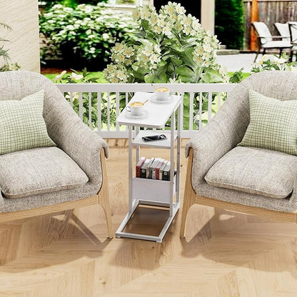 C Shaped End Table, Small Side Table for Couch, Recliner, Slide Under Sofa Tray Desk Snack Tables with Storage Bag for Living Room,Bedroom, Small Spaces - White