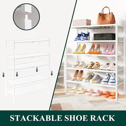 Smiry Shoe Rack, 3 Tier Thick Bamboo Shoe Organizer, Stackable Free Standing Wooden Shoe Storage Shelf for Closet, Entryway, Front Door Entrance, White
