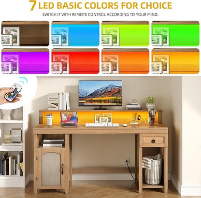 DWVO Farmhouse Office Desk with Drawer & Power Outlets, Rattan Computer Desk w/LED Strip & Monitor Stand for Bedchamber Study, Home Office Table w/Storage Cabinet for Working Writing Gaming (Oak)