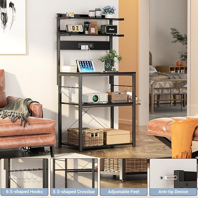 Aheaplus Bakers Rack with Power Outlet, Microwave Stand, 5 Tiers Coffee Bar Station with Led Lights, Kitchen Storage Shelf with 6 S-Shaped Hooks, Kitchen Rack for Spices, Pots and Pans, Black