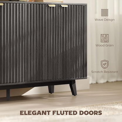 HOMCOM Fluted Sideboard Buffet Cabinet, 55" Modern Accent Console Cabinet with 4 Doors, 2 Adjustable Shelves and 5 Wood Legs, Distressed Gray