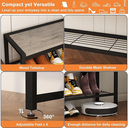 HOMEFORT 2 Tiers Shoe Bench, Retro Industrial Shoe Storage Bench with Mesh Shelf and Sturdy Metal Frame, Metal Shoe Rack Bench for Hallway, Mudroom, Living Room, Washed Gray
