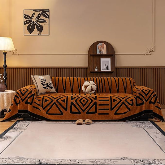 HANDONTIME Sofa Covers for Couch Pet-Friendly Caramel Black Couch Cover for Dogs Shu Velveteen Short Plush Sofa Covers for 3 Cushion Boho Brunt Orange Furniture Protector Washable, 71" X134"