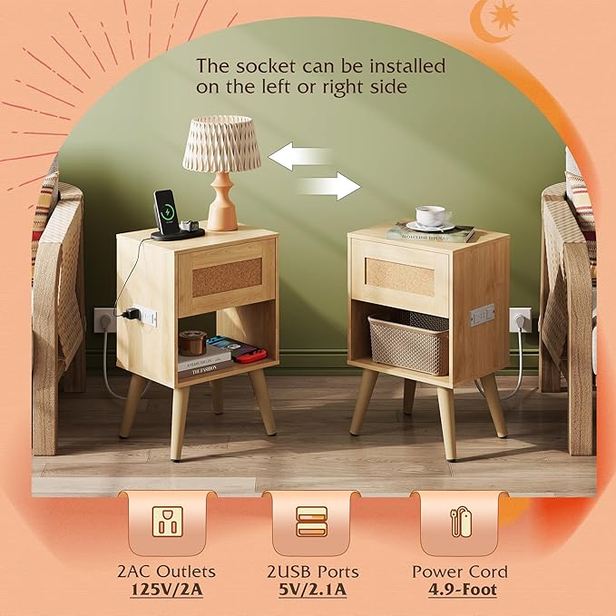 WLIVE Rattan Nightstands Set of 2 with Charging Station, Boho Nightstand, Wood Side Table, Small End Table with Drawers for Bedroom, Natural Oak