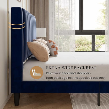 SHA CERLIN Twin Bed Frame/Velvet Upholstered Platform Bed Frame with Headboard/Strong Wood Slats Support/Mattress Foundation/No Box Spring Needed - Dark Blue
