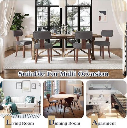 Farmhouse Chair Set of 4, Mid Century Modern Dining Chairs, Sherpa Upholstered Kitchen Chairs with Curved Backrest & Adjustable Legs for Living Room/Bedroom, Easy to Install, Grey Sherpa
