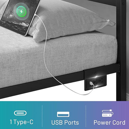 Queen Bed Frame with Headboard,Heavy Duty Steel Slats Support-LED Bed Frame with USB Charging Station,Mattress Foundation-Under Bed Storage,No Box Spring Needed,Noise Free，Black