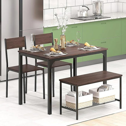 sogesfurniture Table Chairs Set of 4, Dining Table Set for 4 with Bench and Chairs, 4 Pieces Kitchen Table Set with Storage Rack & Metal Frame for Small Space,Elegant Brown