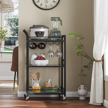 TUTOTAK Bar Cart, Home Bar Serving Cart with 3-Tier Mirrored Shelf, Mobile Kitchen Shelf, Rolling Beverage Cart, Black BC01BK034