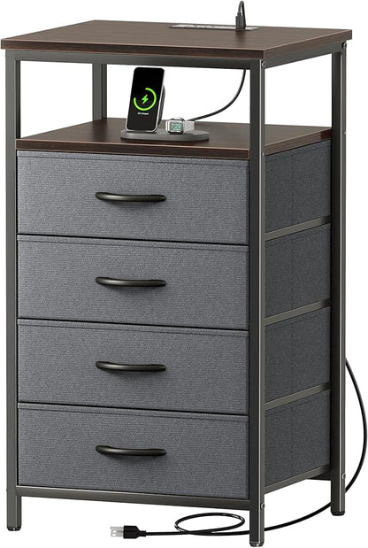 Huuger Night Stand with Charging Station, 4 Drawer Dresser for Bedroom, Bedside Table, 33.9 Inch Tall Nightstand with Open Shelf, End Table, for Closet, Entryway, Bedroom, Walnut