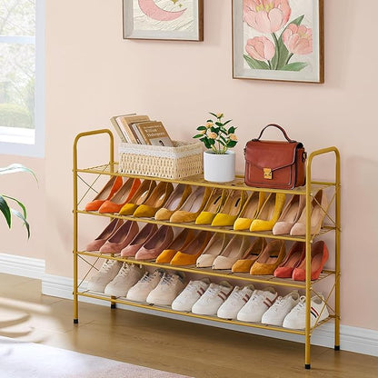 Hoctieon 4 Tier Mesh Style Shoe Rack, Entryway Shoe Shelf, Shoe Storage Organizer, Shoe Rack for Closet, Space Save for Bathroom, Garage, Hallway, Bedroom, Living Room, Gold