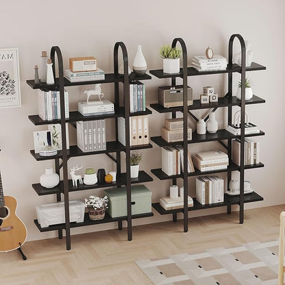 Wide Bookshelf Arched Bookcase, Industrial 5 Tier Open Book Shelves with Metal Frame, 72" Tall Freestanding Heavy Duty Display Rack for Home Office, Living Room,Black,Easy Assembly