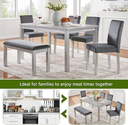 soges 6 Piece Wooden Dining Table Set, Wooden Dining Table with 4 Upholstered Chairs and Bench for 6 People, Rectangular Dining Table Set with Crystal Decoration for Kitchen, Dining Room, Silver Grey