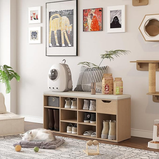 DINZI LVJ Shoe Storage Bench with Cushion, 11- Cubby Entryway Bench with Drawer and Adjustable Shelves, 40.9" Long Cubby Shoe Rack for Living Room, Bedroom, Mudroom, Natural and Cappuccino Beige