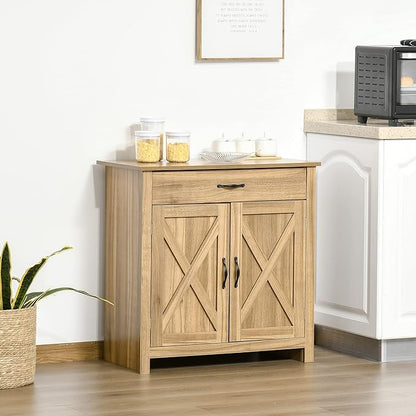 HOMCOM Farmhouse Sideboard Buffet Cabinet, Barn Door Coffee Bar Cabinet with Drawer and Adjustable Shelf, for Living Room, Entryway, Natural Wood Effect