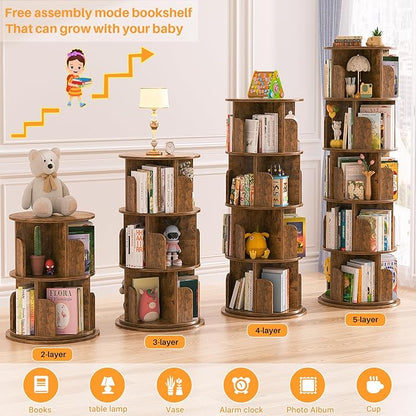 Aheaplus Rotating Bookshelf, 360 Display Wood Spinning Bookshelf Tower, 5 Tier Floor Standing Bookcase Storage Rack, Revolving Bookcase Corner Bookshelfs for Small Space, Study, Bed Room, Rustic Brown