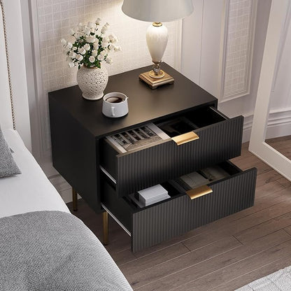 Black Nightstand for Bedroom, Fluted Night Stand, End Table for Living Room, Mid Century Modern Bedside Table with Drawers, Bed Side Table with Gold Metal Legs, Bedroom Furniture Stripe