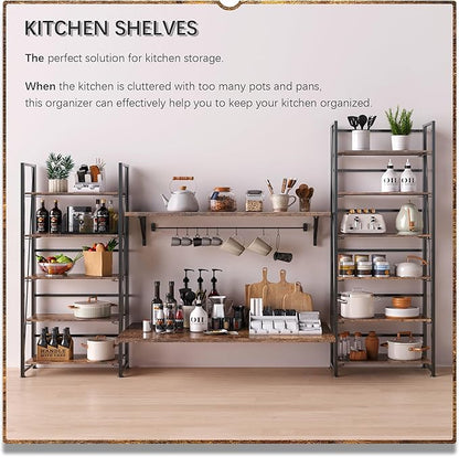 4NM No Assembly Folding Bookshelf, 6-Shelf 74" H Collapsible Foldable Bookcase Storage for Small Spaces, Rustic Brown and Black