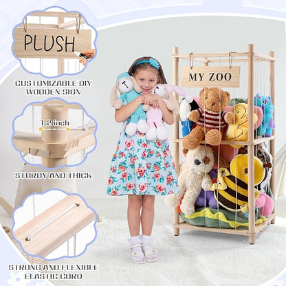 Stuffed Animal Storage Zoo, Wooden Stuffed Animal Organizer with Elastic Cords for Boys Girls, Space Saving Toy Plushies Storage Holder for Playroom, Bedroom, Living Room (Burlywood, Small)