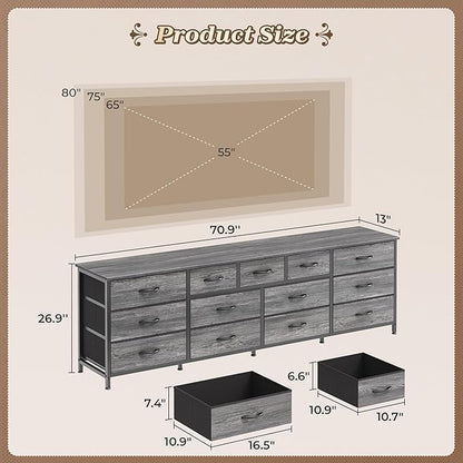 Huuger 70 Inch Dresser for Bedroom, TV Stand for 65, 75, 80 Inch TV, 13 Fabric Drawer Long Dresser, Large Entertainment Center for Bedroom, Wide Chest of Drawer with Storage, Grey