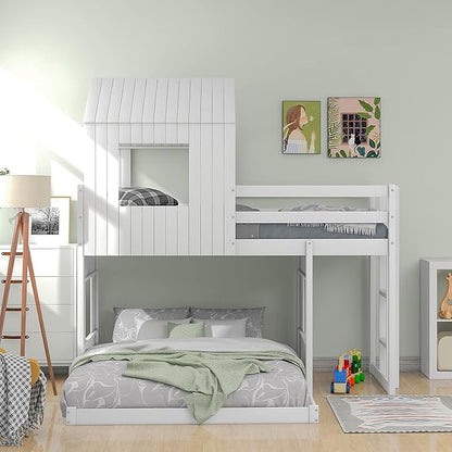 Ball & Cast Twin Over Full Playhouse Bunk Bed with Ladder and Window,Farmhouse Wood Bunkbed w/Full-Length Guard Rail & Slat Support,Space Saving,Bedroom Furniture for Student Dorms,White
