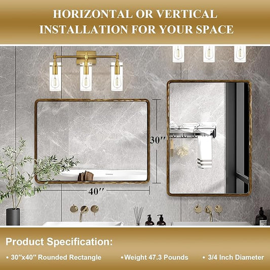 ANDY STAR Hand-Forged Gold Bathroom Mirrors for Wall, 30x40 Inch Vintage Solid Steel Metal Frame Bathroom Vanity Mirror, Antique Rounded Rectangle Wall Mirror, Hangs Horizontally or Vertically