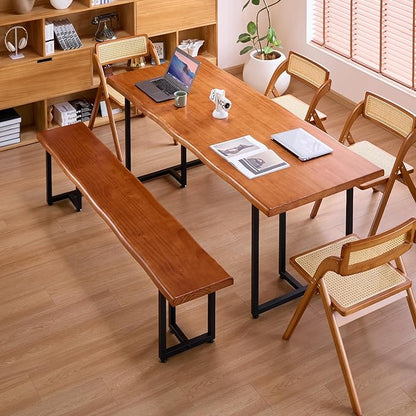 Durable Solid Wood Top Bench with Metal Triangular Legs – Stylish Long Dining Bench for Home, Office, Restaurant & Patio (Wooden Brown Bench, 70.87in)