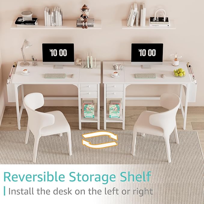 Lufeiya White Small Desk with Drawers - 40 Inch Computer Desk for Small Space Home Office, Modern Simple Study Writing Table PC Desks