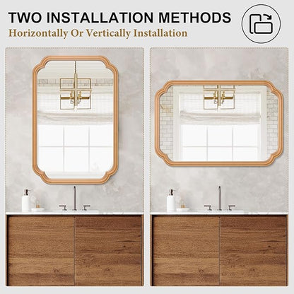 Wood Bathroom Mirror for Wall Mounted, 24" x 36" Rustic Bathroom Mirror for Over Sink with Wood Frame Farmhouse Rounded Corner Rectangle Mirror Decorative(Natural Color)