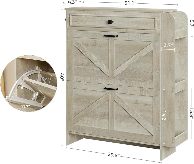 IRONCK Shoe Storage Cabinet with 2 Flip Drawers & Barn Door Design, Freestanding Shoe Cabinet Organizer with Drawer and Shelves for Entryway, Farmhouse Shoe Rack Cabinet,Rustic Maple