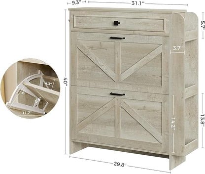 IRONCK Shoe Storage Cabinet with 2 Flip Drawers & Barn Door Design, Freestanding Shoe Cabinet Organizer with Drawer and Shelves for Entryway, Farmhouse Shoe Rack Cabinet,Rustic Maple
