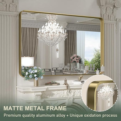 TokeShimi 48x36 Inch Brushed Gold Bathroom Vanity Mirror for Wall with Non-Rusting Aluminum Alloy Metal Frame Rounded Corner for Farmhouse Modern Home Decor (Horizontal/Vertical)