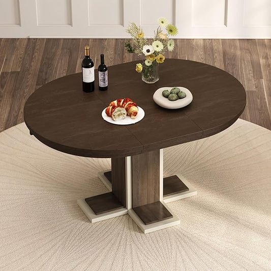 Ball & Cast Farmhouse Extendable Dining Table for 4-6, 42"-58" Extendable Kitchen-Table with a 16" Leaf, Round Ellipse Retro Wood Dining Room-Table w/Double Layer Base,Two Tone Color, Espresso