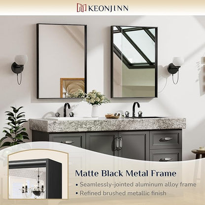Keonjinn Black Bathroom Mirror for Over Sink 16 x 24 Inch Small Rectangle Vanity Mirror Metal Framed Mirror Brushed Black Wall Mount Modern Farmhouse Bathroom Mirror(Horizontal/Vertical)
