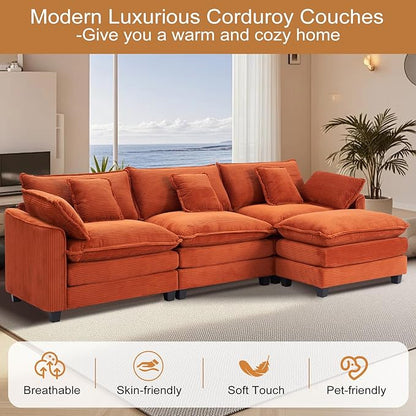 Furniliving 117‘’ L-Shaped Sofa, Luxury Corduroy Modular Sectional Couches with Ottoman, Upholstered Deep Seat Sleeper Sofa with Memory Foam and Waist Pillows, Orange