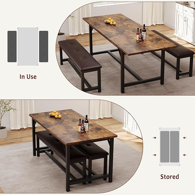 3-Piece Dining Table Set for 4-6 People, Extendable Kitchen Table Set with 2 Upholstered Benches, Dining Room Table Set for Apartment, Kitchen, Living Room, Brown