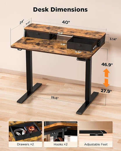 40x24 Inch Standing Desk with Double Drawers,C-Clamp Mount Compatible,Electric Adjustable Height Computer Stand Up Desks, Home Office Sit Stand Table with 3 Preset Heights & Hooks, Rustic Brown