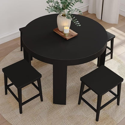 Plank+Beam Smythe Dining Stool, 18" Vanity Stools, Set of 2, Sturdy Wood Modern Kitchen Stool, Saddle Seat Backless Chair, Metal Footrest, Black