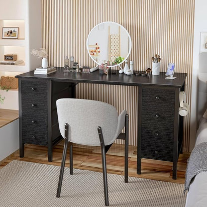 Black Gaming Desk with Fabric Drawers on Both Sides, 55 Inch Home Office Computer Study Writing Work PC Desk with 8 Storage Drawers Storage for Bedroom