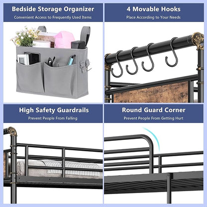Metal Bunk Bed Twin Over Full, Industrial Bunkbeds Heavy Duty Bed with Safety Guard Rails and Space-Saving Design, Steel Bed for School, Bedroom (Vintage Brown)